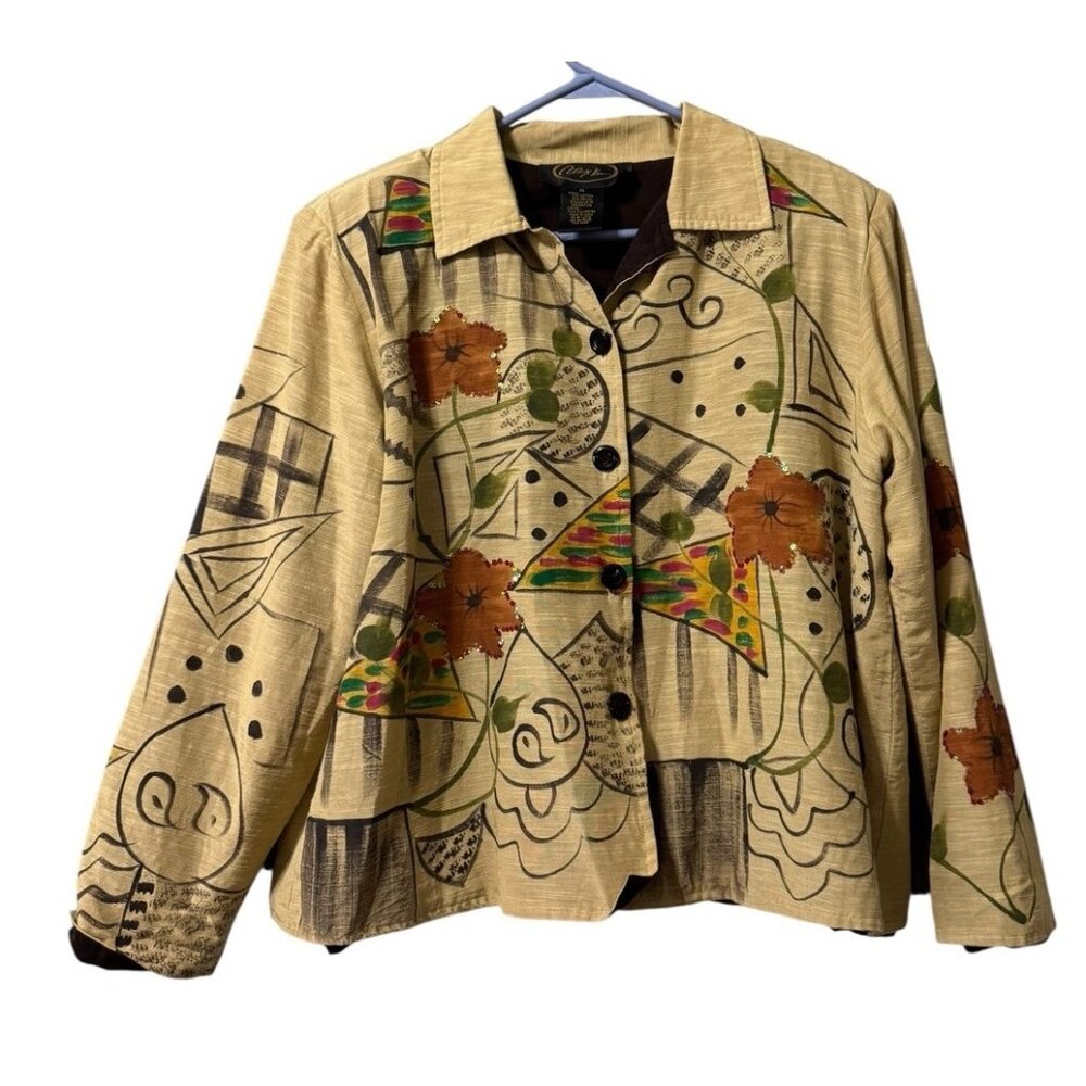 Alex Kim Floral Abstract Sequin Button Jacket Blazer Artsy Classic Art To Wear